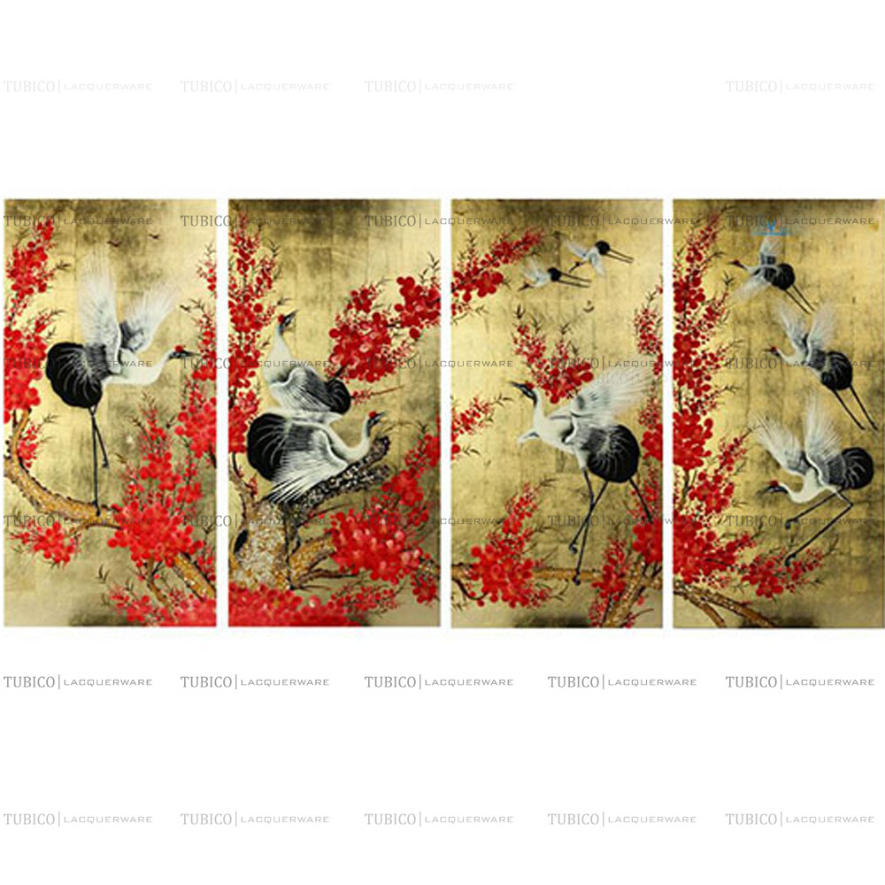 Tranh sơn mài dát vàng 4 tấm vẽ tay tùng hạt đứng trên hoa đào đỏ